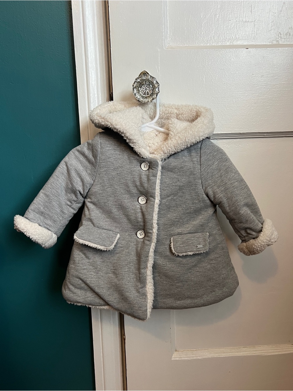 Mayoral Gray Hooded Puffer Coat with Cream Sherpa Trim